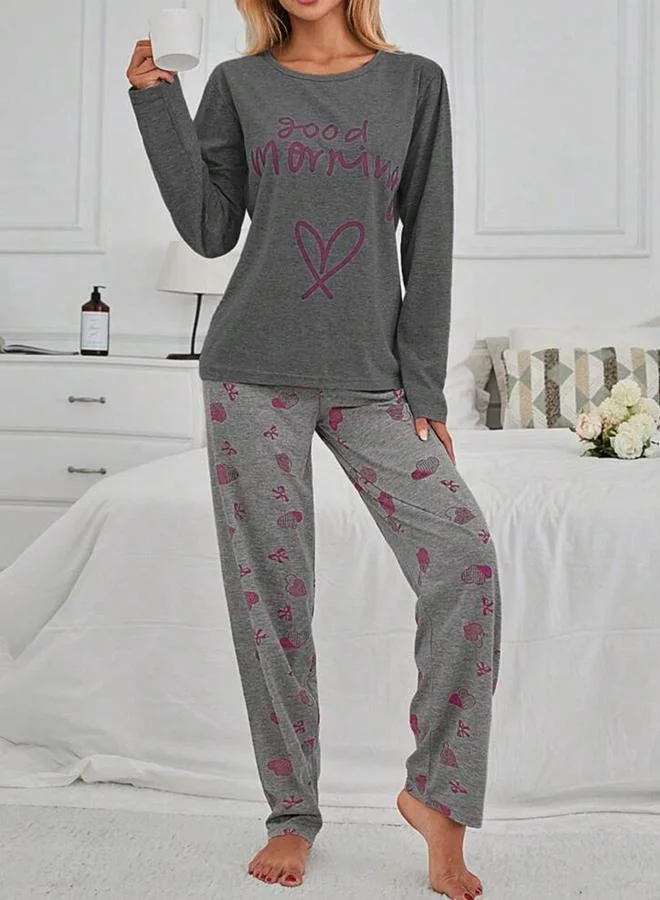 Take Two Take Two Slogan Text Print T-Shirt and Heart Print Pyjama Set