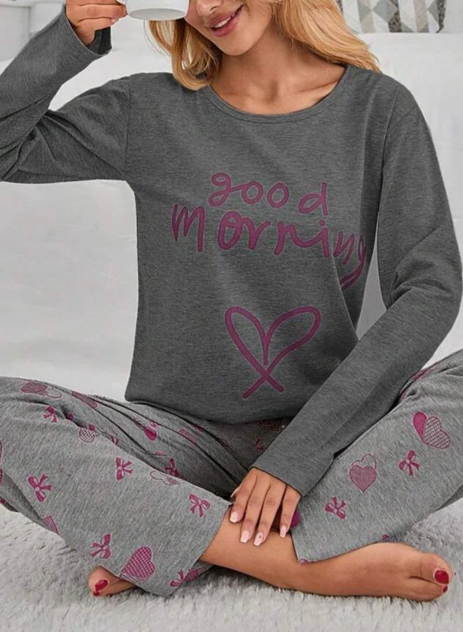 Take Two Take Two Slogan Text Print T-Shirt and Heart Print Pyjama Set