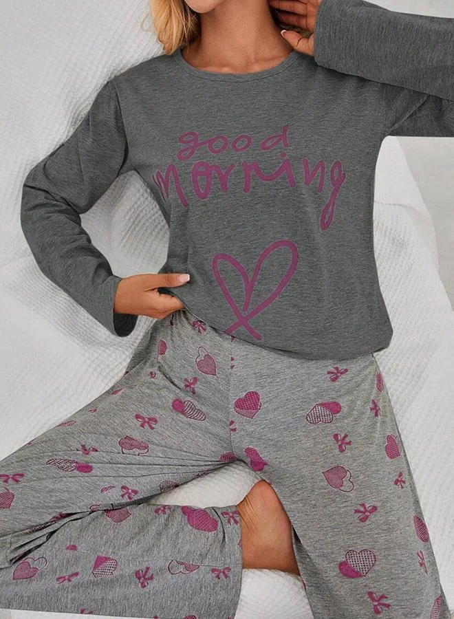 Take Two Take Two Slogan Text Print T-Shirt and Heart Print Pyjama Set