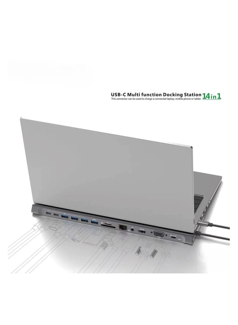 14 في 1 USB C Type-c Hub محطة إرساء مزدوجة 4K HDR، VGA، RJ45 Ethernet USB3.0 100W PD SD/TF/ قارئ بطاقات 3.5 مم محول شحن الصوت Go-Des PD لأجهزة MacBook، windows - Image 3