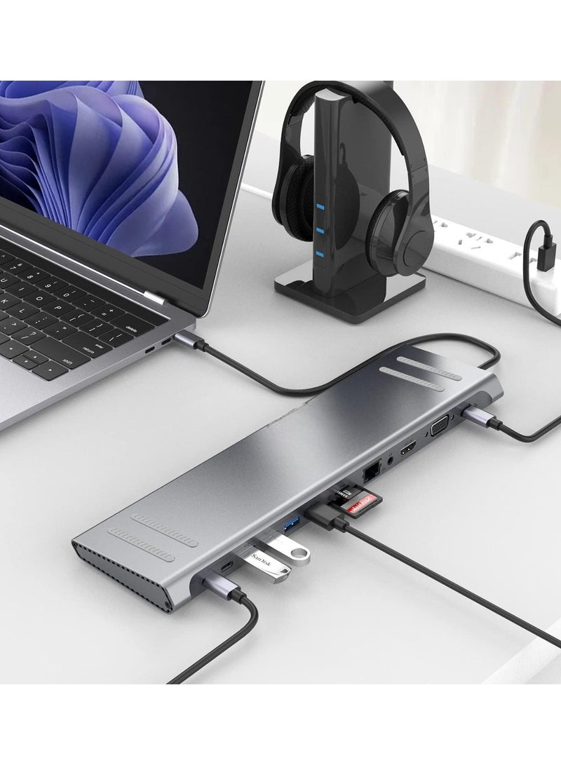 14 في 1 USB C Type-c Hub محطة إرساء مزدوجة 4K HDR، VGA، RJ45 Ethernet USB3.0 100W PD SD/TF/ قارئ بطاقات 3.5 مم محول شحن الصوت Go-Des PD لأجهزة MacBook، windows - Image 2