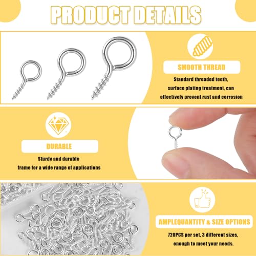 Romeda 720PCS Small Screw Eye Pins, 3 Styles of Mini Eye Screws, Eyelet Pins Hooks for DIY Crafts, Art Projects, Tiaras and Jewelry Making - Silver - Image 4