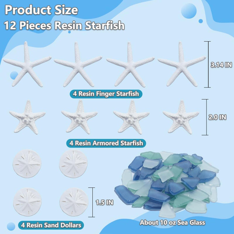 QYGL 12 Resin Starfish & 10oz Sea Glass Decor - Frosted Seaglass Pieces & Starfish Sand Dollar for DIY Crafts, Beach Weddings, Vase Filler, and Home Decor Ornaments (Blue, Aqua Green, White) - Image 3