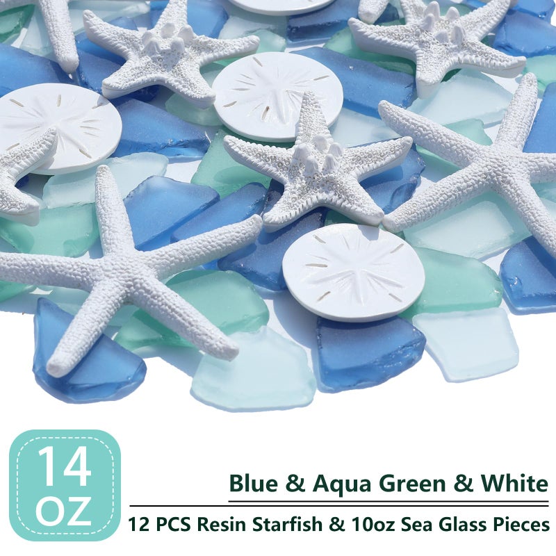 QYGL 12 Resin Starfish & 10oz Sea Glass Decor - Frosted Seaglass Pieces & Starfish Sand Dollar for DIY Crafts, Beach Weddings, Vase Filler, and Home Decor Ornaments (Blue, Aqua Green, White) - Image 2