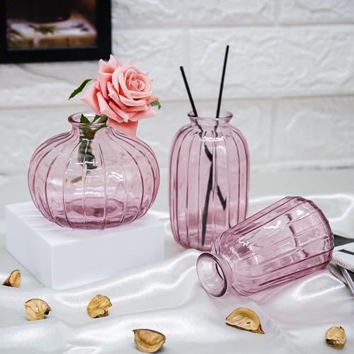 Ekhasa Pink Glass Bud Vases Flower Pots for Home Decoration (Set of 3) | Center Table Mini Decorative Items | Transparent Glass Vase for Water Plants | Glass Planters for Indoor Plants - Image 2