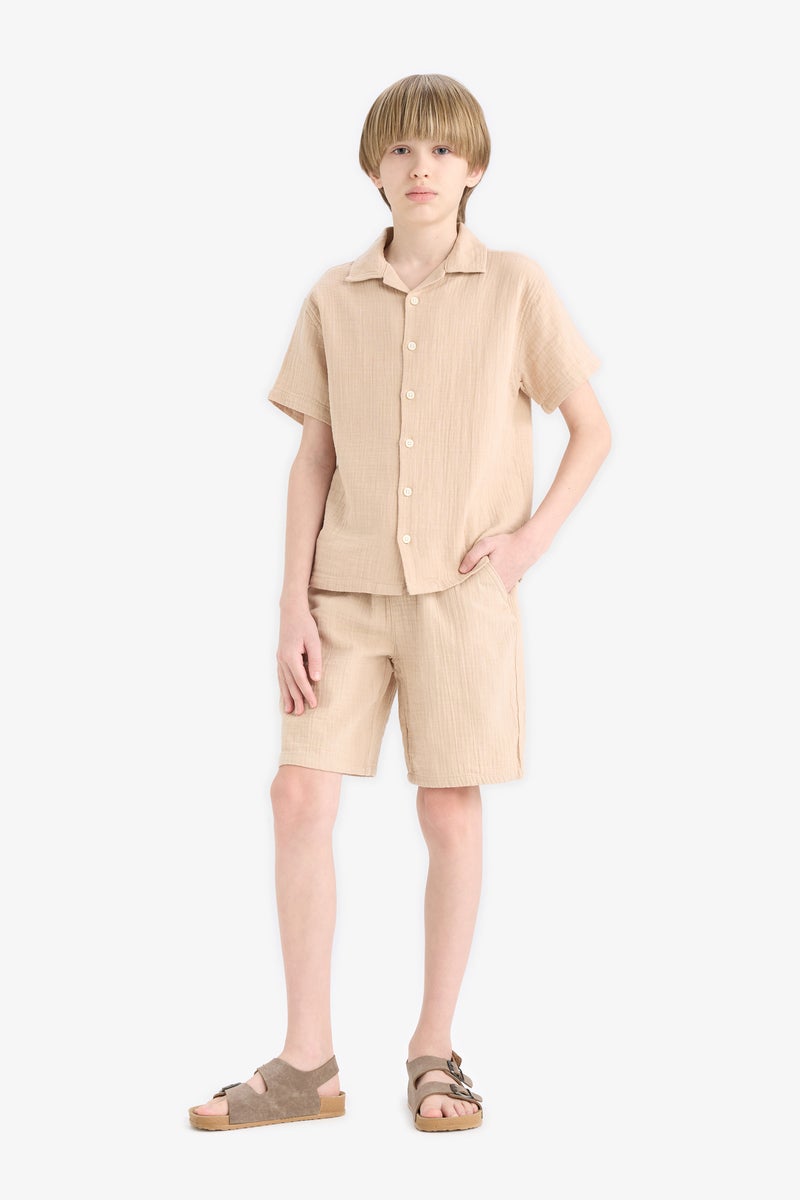 DeFacto Beige Boy Boy Oversize Polo Neck Muslin Shirt Casual - Image 2