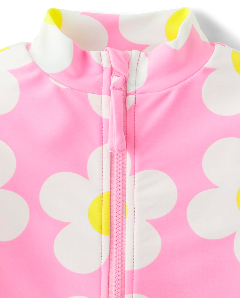 Gymboree,and Toddler Long Sleeve Rashguard One Piece Swimsuit,Pink Neon Flowers,6 - Image 2