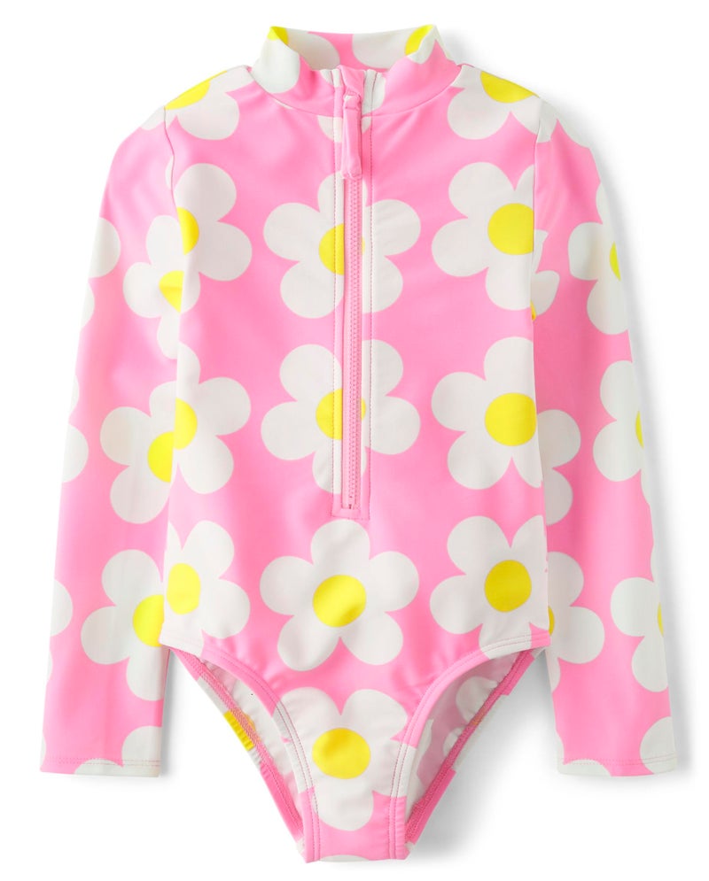 Gymboree,and Toddler Long Sleeve Rashguard One Piece Swimsuit,Pink Neon Flowers,6 - Image 1