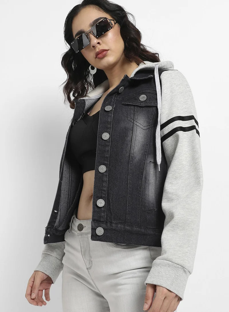 Campus Sutra Women's Midnight Black & Cloud Grey Dark-Wash Block Denim Jacket For Casual Wear | Hooded Neck | Long Cuffed Sleeves | Button Closure | Jacket Crafted With Comfort Fit For Everyday Wear