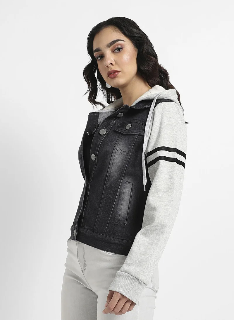 Campus Sutra Women's Midnight Black & Cloud Grey Dark-Wash Block Denim Jacket For Casual Wear | Hooded Neck | Long Cuffed Sleeves | Button Closure | Jacket Crafted With Comfort Fit For Everyday Wear