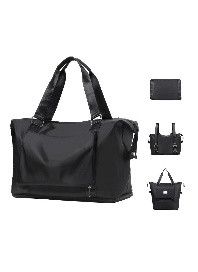 Excefore Travel Bag with Double Shoulder Strap, Foldable Duffle Bag for Travel, Water-resistant Sports Bag with Wet Compartment, Large Weekender Bag with Expandable Space, for Men/Women, Black  - Image 1