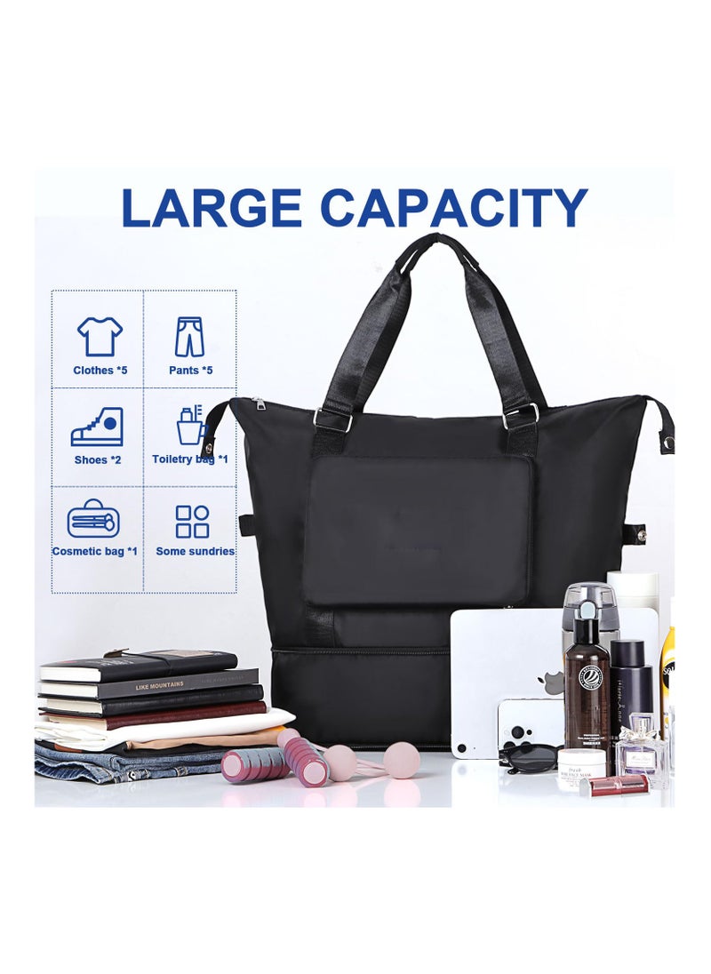 Excefore Travel Bag with Double Shoulder Strap, Foldable Duffle Bag for Travel, Water-resistant Sports Bag with Wet Compartment, Large Weekender Bag with Expandable Space, for Men/Women, Black  - Image 3