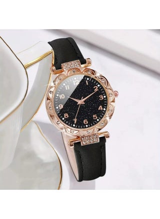 Rhinestone Analog Quartz Watch & Heart Bracelet Set, Bling Crystal Timepiece, Fashion Leather Strap Wristwatch for Ladies, Black Rose Gold - view 4