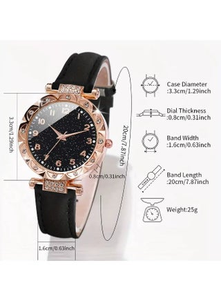Rhinestone Analog Quartz Watch & Heart Bracelet Set, Bling Crystal Timepiece, Fashion Leather Strap Wristwatch for Ladies, Black Rose Gold - view 5