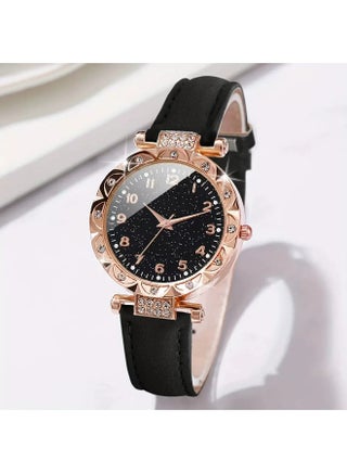 Rhinestone Analog Quartz Watch & Heart Bracelet Set, Bling Crystal Timepiece, Fashion Leather Strap Wristwatch for Ladies, Black Rose Gold - view 3