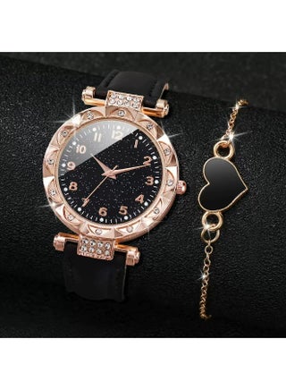 Rhinestone Analog Quartz Watch & Heart Bracelet Set, Bling Crystal Timepiece, Fashion Leather Strap Wristwatch for Ladies, Black Rose Gold - view 2