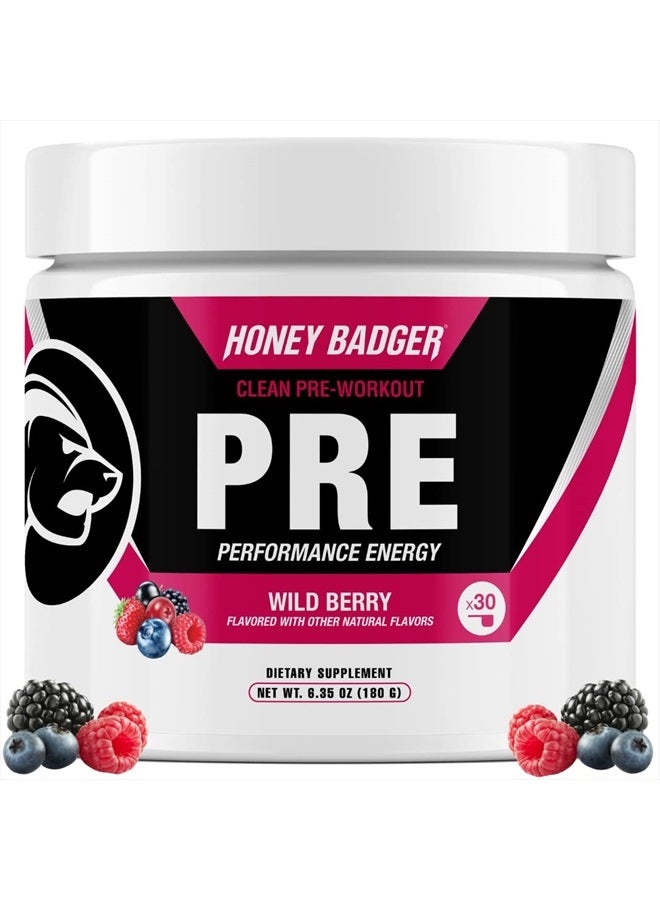 Honey Badger Pre Workout Powder, Keto Vegan Preworkout for Men & Women with Vitamin C for Immune Support, Beta Alanine & Caffeine, Sugar Free Natural Energy Supplement, Wild Berry, 30 Servings  - Image 1