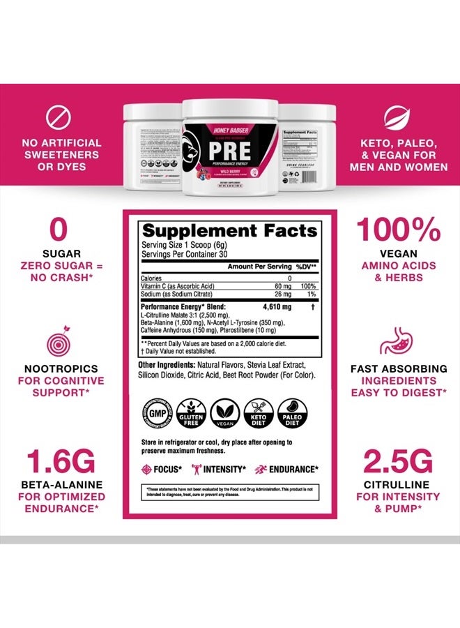 Honey Badger Pre Workout Powder, Keto Vegan Preworkout for Men & Women with Vitamin C for Immune Support, Beta Alanine & Caffeine, Sugar Free Natural Energy Supplement, Wild Berry, 30 Servings  - Image 5