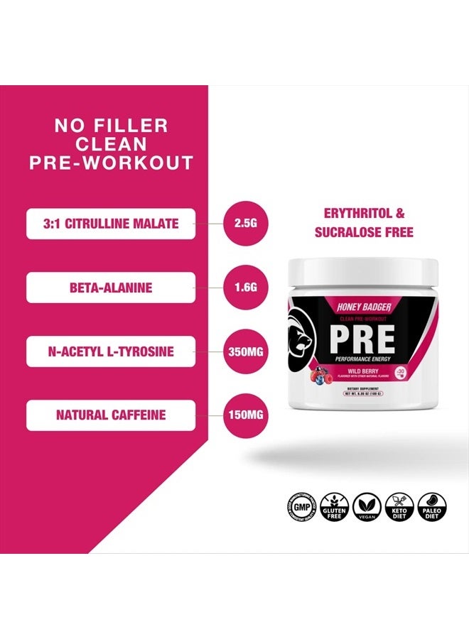 Honey Badger Pre Workout Powder, Keto Vegan Preworkout for Men & Women with Vitamin C for Immune Support, Beta Alanine & Caffeine, Sugar Free Natural Energy Supplement, Wild Berry, 30 Servings  - Image 2