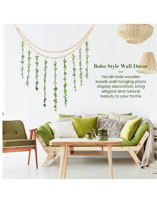 Hanging Photo Display Holder Wall Decor with Wooden Cards Clips, Boho Style Picture Frame Wood Beads Garland Artificial Eucalyptus Plant Home Decoration for Farmhouse Greenery Cubicle Bedroom  - Image 4