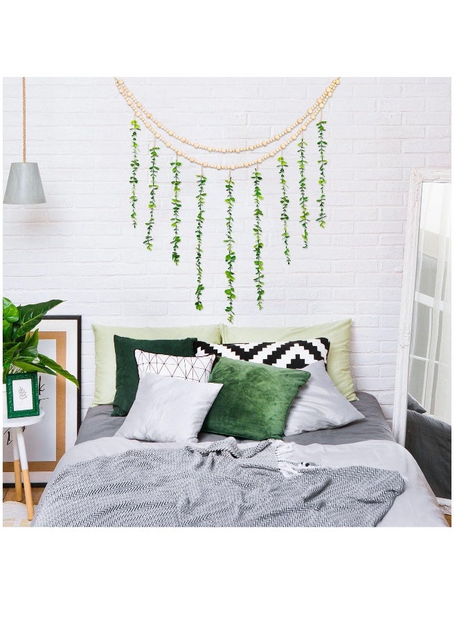 Hanging Photo Display Holder Wall Decor with Wooden Cards Clips, Boho Style Picture Frame Wood Beads Garland Artificial Eucalyptus Plant Home Decoration for Farmhouse Greenery Cubicle Bedroom  - Image 3