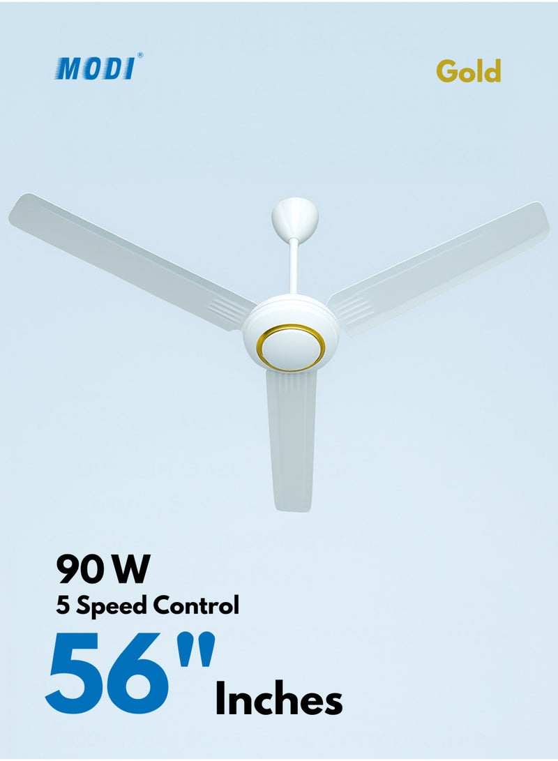 مودي مروحة سقف ثلاثية الشفرات مقاس 56 بوصة مع تحكم بخمس سرعات - للاستخدام الداخلي، موفرة للطاقة، هادئة التشغيل، مثالية لغرف النوم وغرف المعيشة (ديكور ذهبي) - Image 1