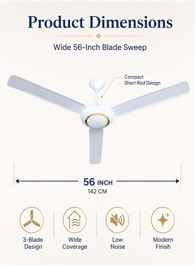 MODI 56" Three-Blade Ceiling Fan with 5-Speed Control – Indoor Use, Energy-Efficient, Quiet Operation, Ideal for Bedrooms & Living Rooms 90W  (GOLD DECOR) - Image 2