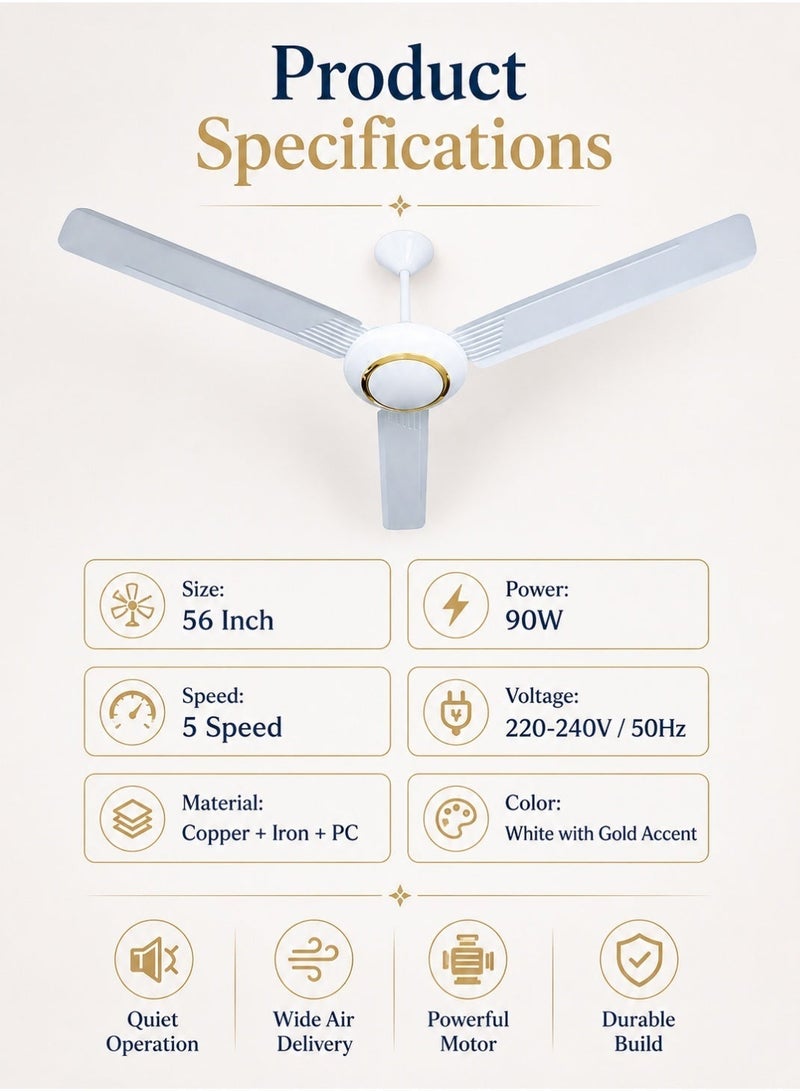 MODI 56" Three-Blade Ceiling Fan with 5-Speed Control – Indoor Use, Energy-Efficient, Quiet Operation, Ideal for Bedrooms & Living Rooms 90W  (GOLD DECOR) - Image 3