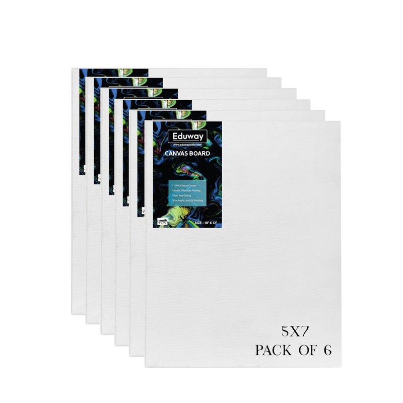 Eduway® Canvas Board for Painting- 5x7 Pof 6 | Premium Quality 7Oz Pre-Primed Cotton Canvas Board for Artists & Beginners | Ideal for Acrylic, Oil, Gouache, Pastels Colors (Pack of 6) (12x17 cms) - Image 1