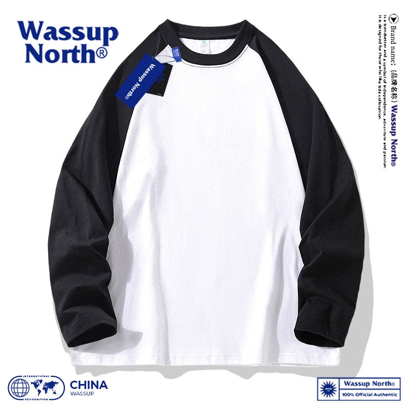 WASSUP NORTH American-style contrasting color pure cotton long-sleeved T-shirt for men and women, spring and autumn shoulder splicing inner top - Image 1