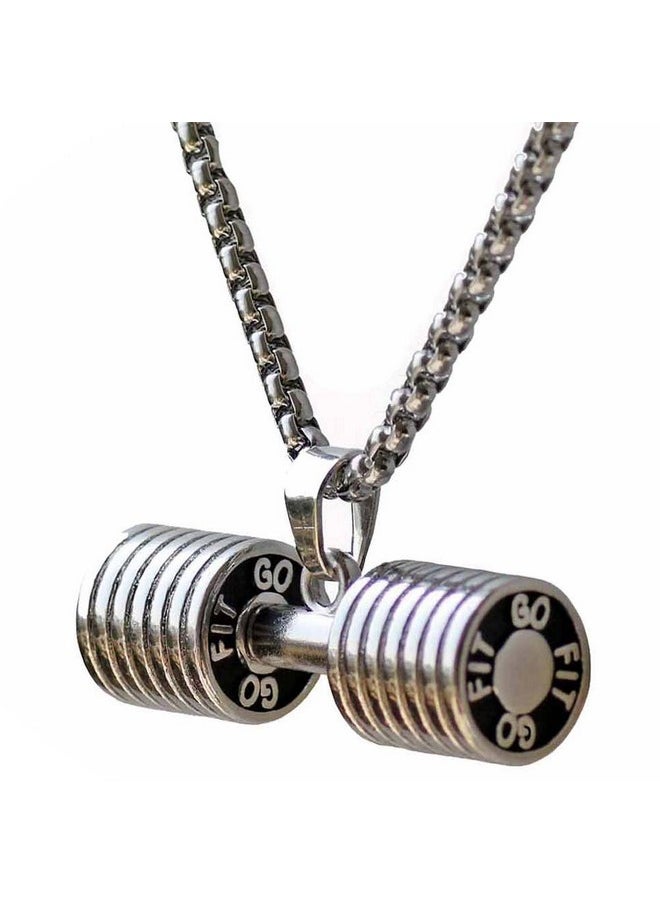 JAJAFOOK Men'S Stainless Steel Fitness Gym Dumbbell Weight Lifters Barbell Chain Pendant Necklace (Silver)  - Image 1