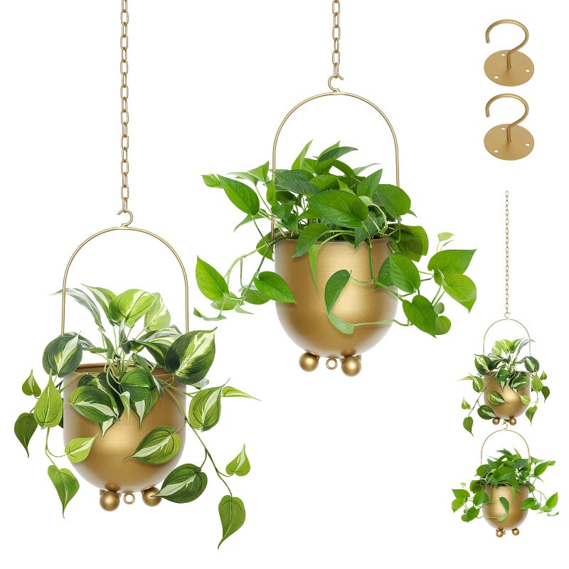 AceList Boho Gold Metal Hanging Planters Set of 2 with Hooks  Chains  Versatile Wall  Ceiling Plant Hangers for IndoorOutdoor Dcor