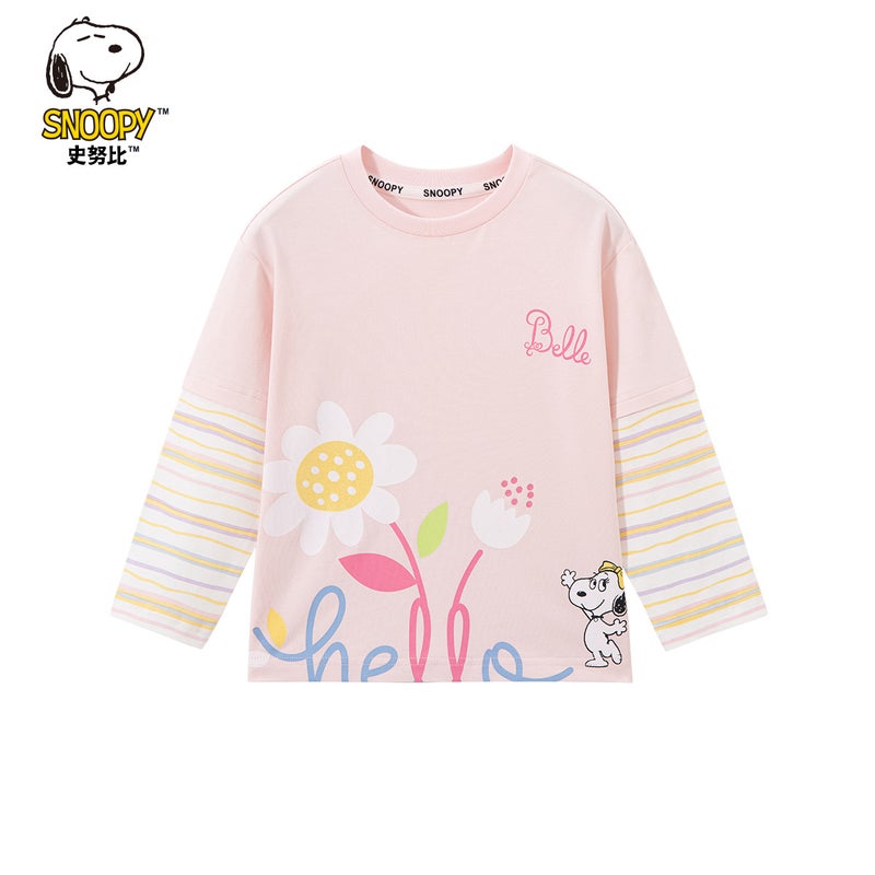 Snoopy Spring New Girls' T-Shirt Small And Medium-Sized Baby Cartoon Striped Fake Two-Piece Top Sweet Round Neck T-Shirt - Image 1