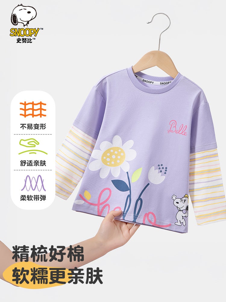 Snoopy Spring New Girls' T-Shirt Small And Medium-Sized Baby Cartoon Striped Fake Two-Piece Top Sweet Round Neck T-Shirt - Image 2