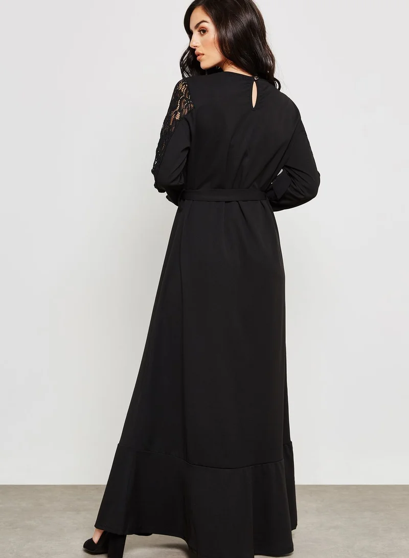 ELLA Lace Detail Ruffle Self Tie Maxi Dress
