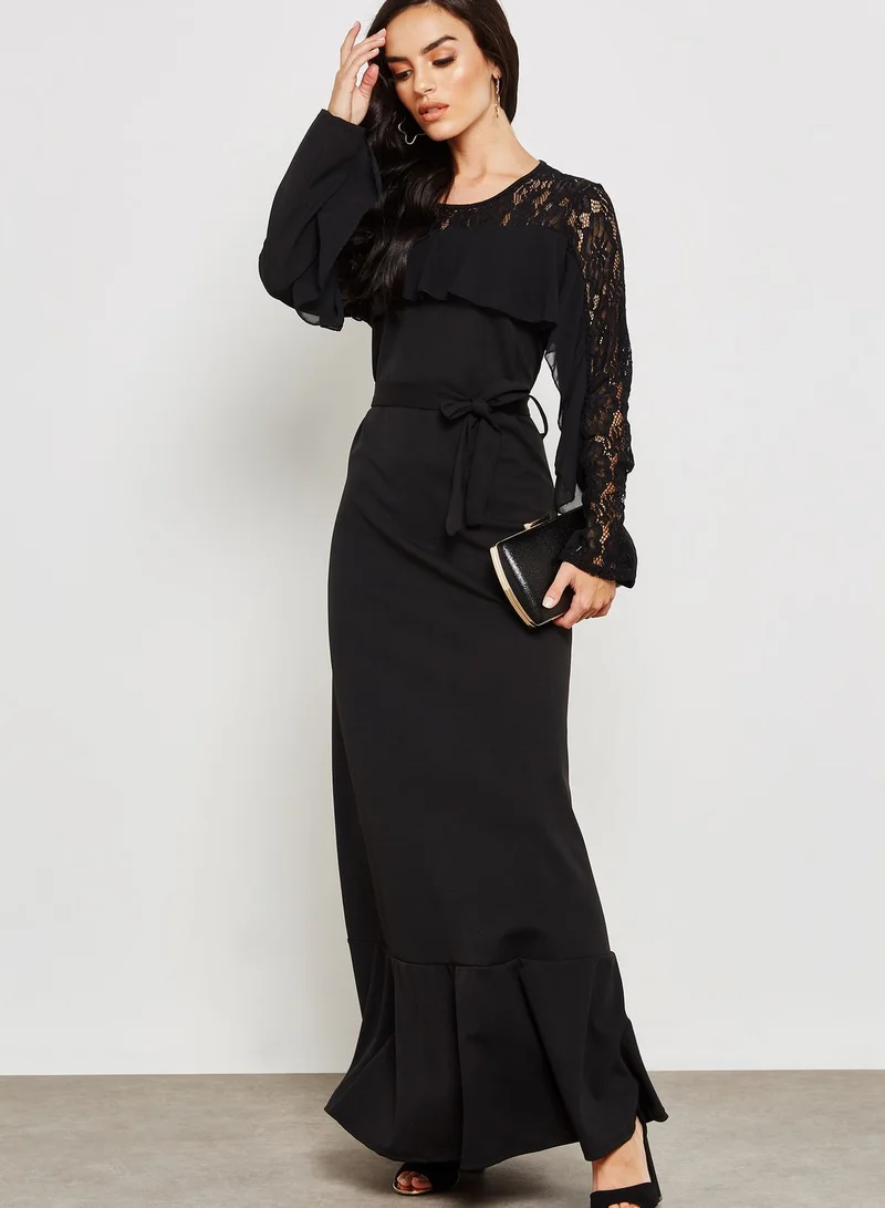 ELLA Lace Detail Ruffle Self Tie Maxi Dress