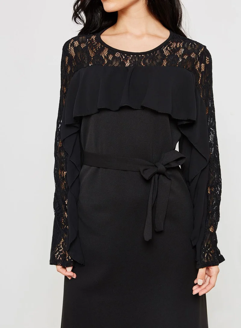 ELLA Lace Detail Ruffle Self Tie Maxi Dress