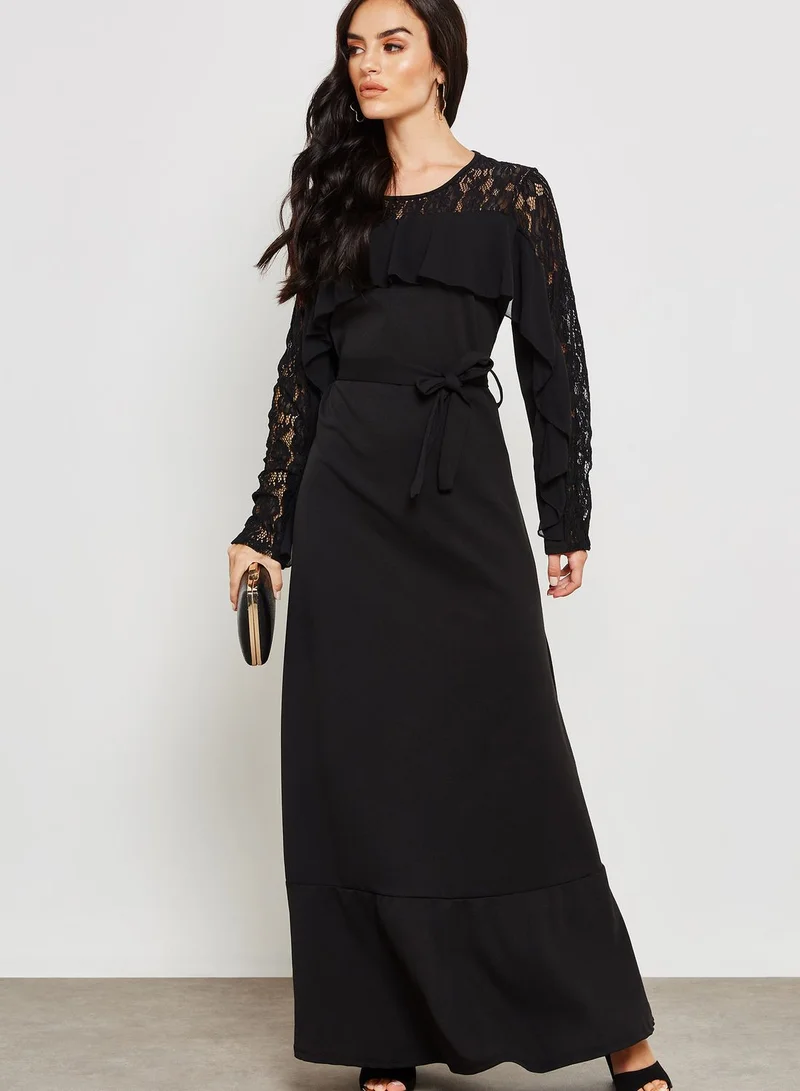 ELLA Lace Detail Ruffle Self Tie Maxi Dress