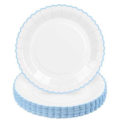 ZUQMZUQ 30 Pcs Blue and White Paper Plates, 9 Inch Baby Shower White Dinner Plates, Baby Blue Scalloped Paper Plates Party Supplies for Baby boy Shower, Wedding, Birthday, Bridal Shower - Image 1