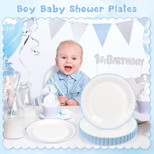ZUQMZUQ 30 Pcs Blue and White Paper Plates, 9 Inch Baby Shower White Dinner Plates, Baby Blue Scalloped Paper Plates Party Supplies for Baby boy Shower, Wedding, Birthday, Bridal Shower - Image 5