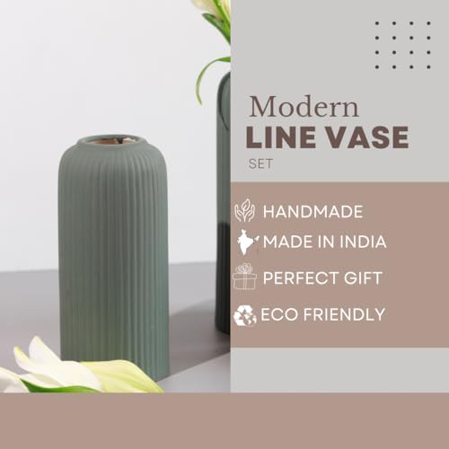 Craftribal's Modern Olive Green Ceramic Flower Vase(10 Inches) for Living Room, Flower Pots for Home Decoration, Home Decor, Line Vase,Ribbed Vase - Image 2