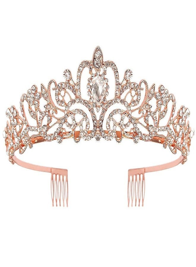 Didder Rose Gold Crystal Tiara Crown Headband Princess Elegant Crown with combs for Women Girls Bridal Wedding Prom Birthday Party - Image 1