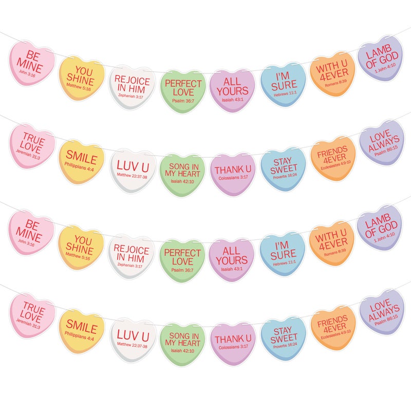 CPicdn 4Pcs Valentineâ€™s Day Heart Banner Garland - Christian Conversation Hearts Garland Decoration Pre-Strung Sweet Candy Banner Hanging Decor for Anniversary Wedding Valentines Party Supplies - Image 1
