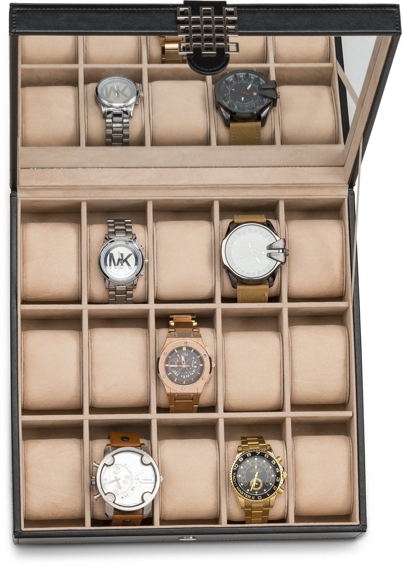 Glenor Co Watch Box - 15 Slot Classic Watch Case Display Organizer with Modern Buckle -Black - Image 4