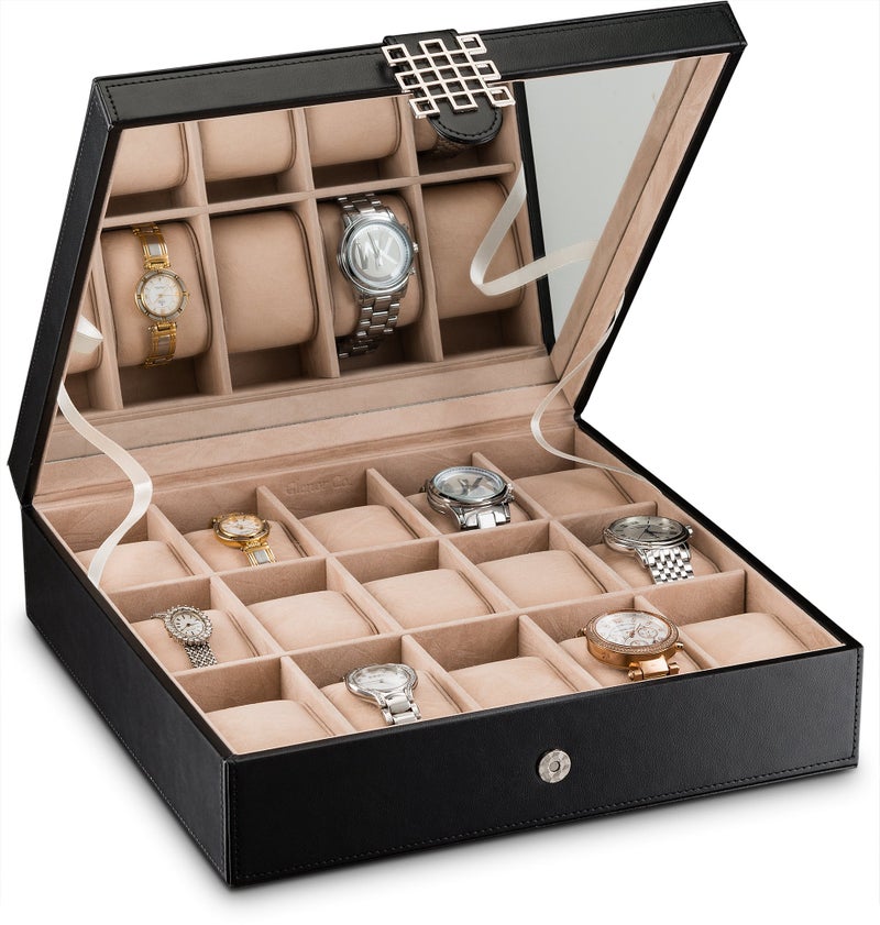 Glenor Co Watch Box - 15 Slot Classic Watch Case Display Organizer with Modern Buckle -Black - Image 3