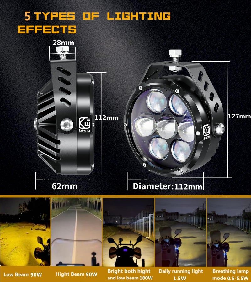 Kewig 4.5 Inch Motorcycle Auxiliary LED Fog Light 90W Amber White Driving Spotlight Kit With Mount Brackets Wire Harness Waterproof Offroad Fit for Motorcycle Jeep Car Truck - Image 2