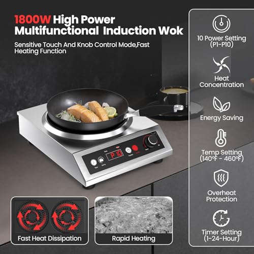 VEXMAECY 1800W Electric Wok Used For Home And Commercial,Induction Wok With Concave Surface Stainless Steel Strong Power Dual Control Mode 10 Power And Temp 24H Timer Induction Cooktop For Cooking - Image 4
