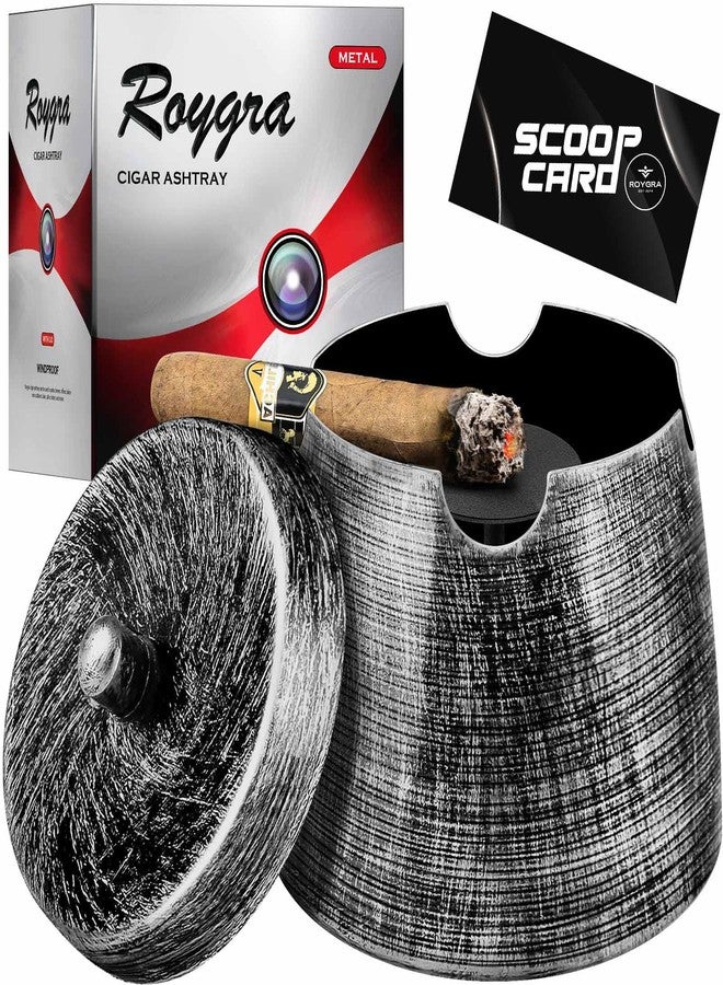 roygra Ash Tray with Lid, Outdoor Cigar Ashtray for Outside Patio, Metal Cigar Ashtrays Outdoors with 4 Holder, Cigars Smoking Accessories, Large Smokeless Home Décor, Ashtrays for Smokers Indoor - Image 1