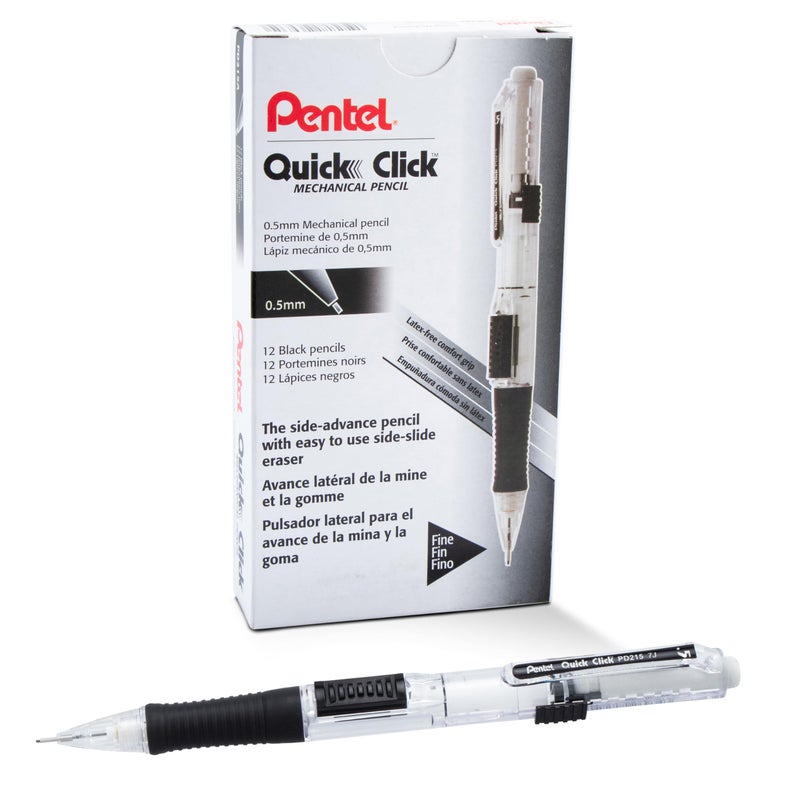 Pentel QUICK CLICK Mechanical Pencil (0.5mm), Black Barrel, Box of 12 (PD215A) - Image 1