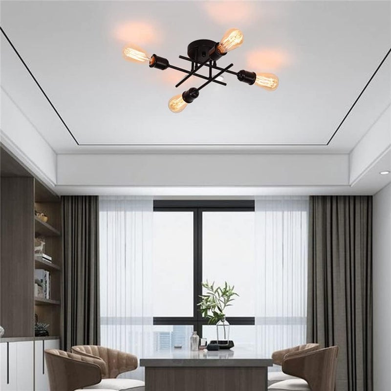 Black Ceiling Lamp 4-Lights Sputnik Chaner Industrial Semi Flush Mount Ceiling Lighting Fixture, Hallway Kitchen Bedroom Close to Ceiling Lamps Vintage Chaners - Image 4